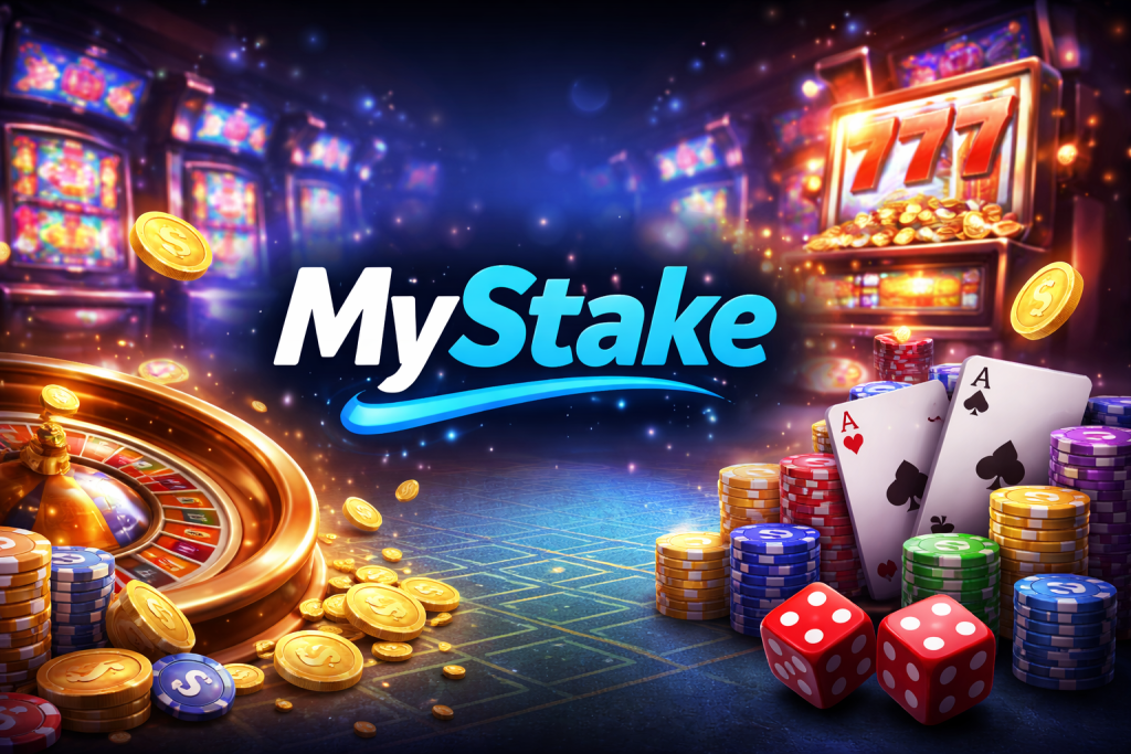 MyStake Casino banner with slot machine, roulette wheel and poker chips, dark blue neon style, no people, modern gaming design